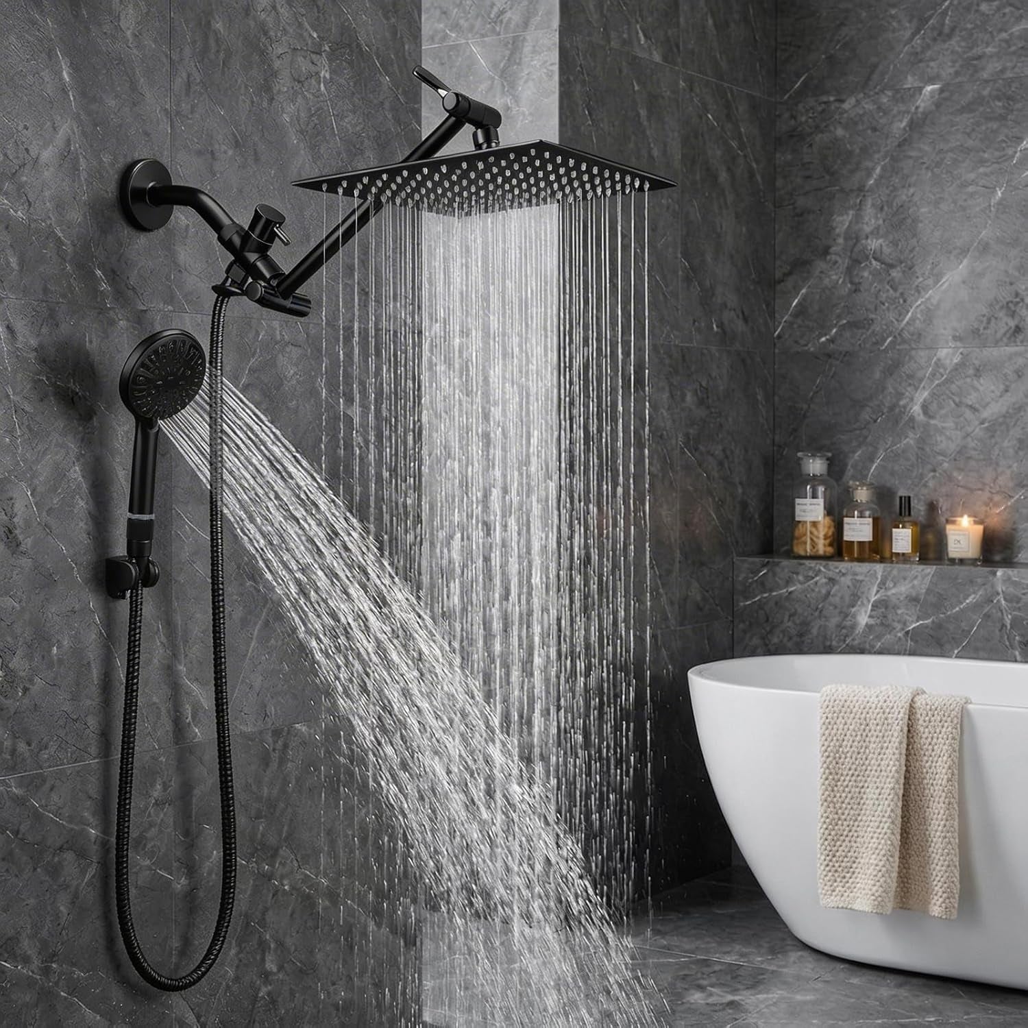 Shower Head, 12‘’ High Pressure Rainfall/Handheld Shower Combo with 11'' Extension Arm, 9 Settings, Anti-Leak Shower Head with Holder, Height/Angle Adjustable, Matte Black