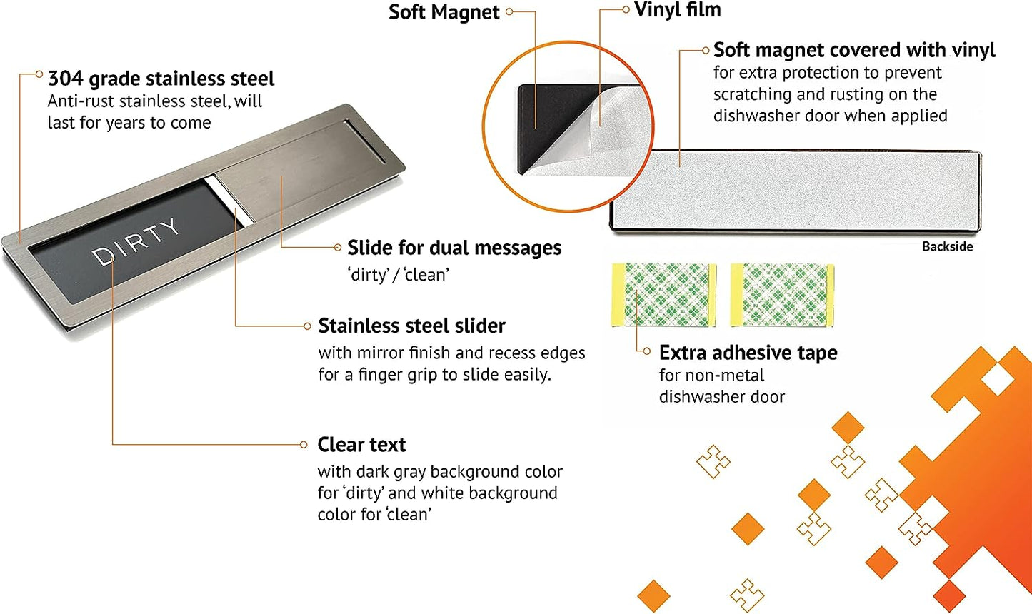 Clean Dirty Magnet for Dishwasher,  Premium Stainless Steel Grade 304, Kitchen Organizers and Storage Decor Accessories, Extra Adhesive Tapes Included.