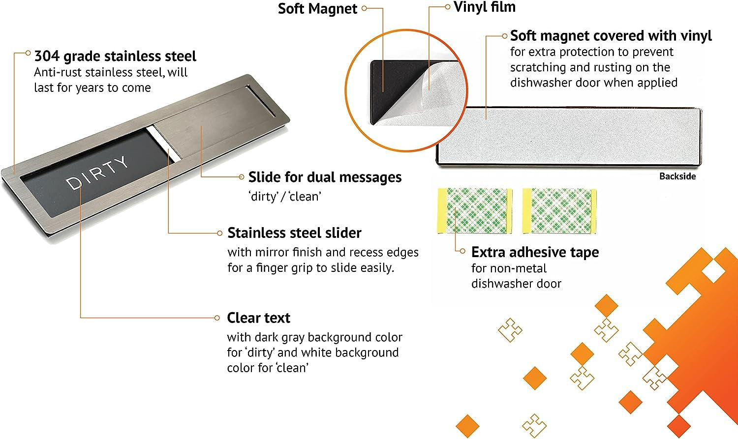 Clean Dirty Magnet for Dishwasher,  Premium Stainless Steel Grade 304, Kitchen Organizers and Storage Decor Accessories, Extra Adhesive Tapes Included.