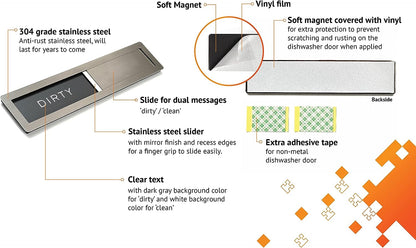 Clean Dirty Magnet for Dishwasher,  Premium Stainless Steel Grade 304, Kitchen Organizers and Storage Decor Accessories, Extra Adhesive Tapes Included.