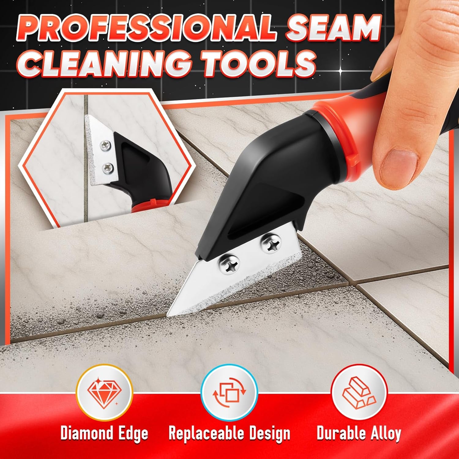 Caulking Tool, 4 in 1 Caulk Remover Tool for Bathroom, Bathtub, Grout, Shower, Tile, Window, Razor Scraper Tool for Cleaning, Silicone Caulk Removal Tool (Red)