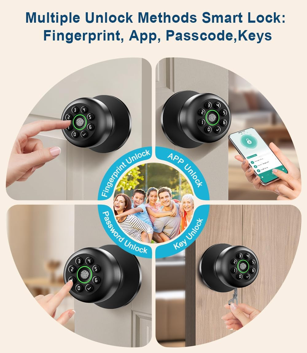 Fingerprint Door Lock, Smart Fingerprint Door Knob with Keypad, Biometric Door Lock with App Control, Auto Lock Door Lock with Code, Keyless Door Knob with Lock for Bedroom, Home,Office-Matte Black