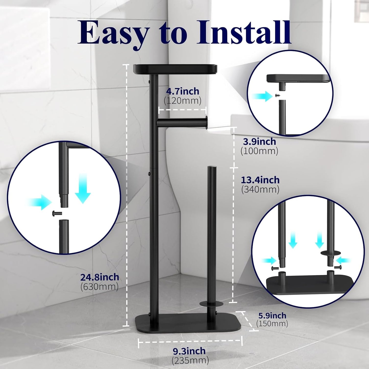 Toilet Paper Holder Free Standing – Rustproof Metal Toilet Paper Stand for 4 Rolls with Anti-Slip Base and Shelf for Phone & Small Items, Bathroom Organizers and Storage, Medium, Black