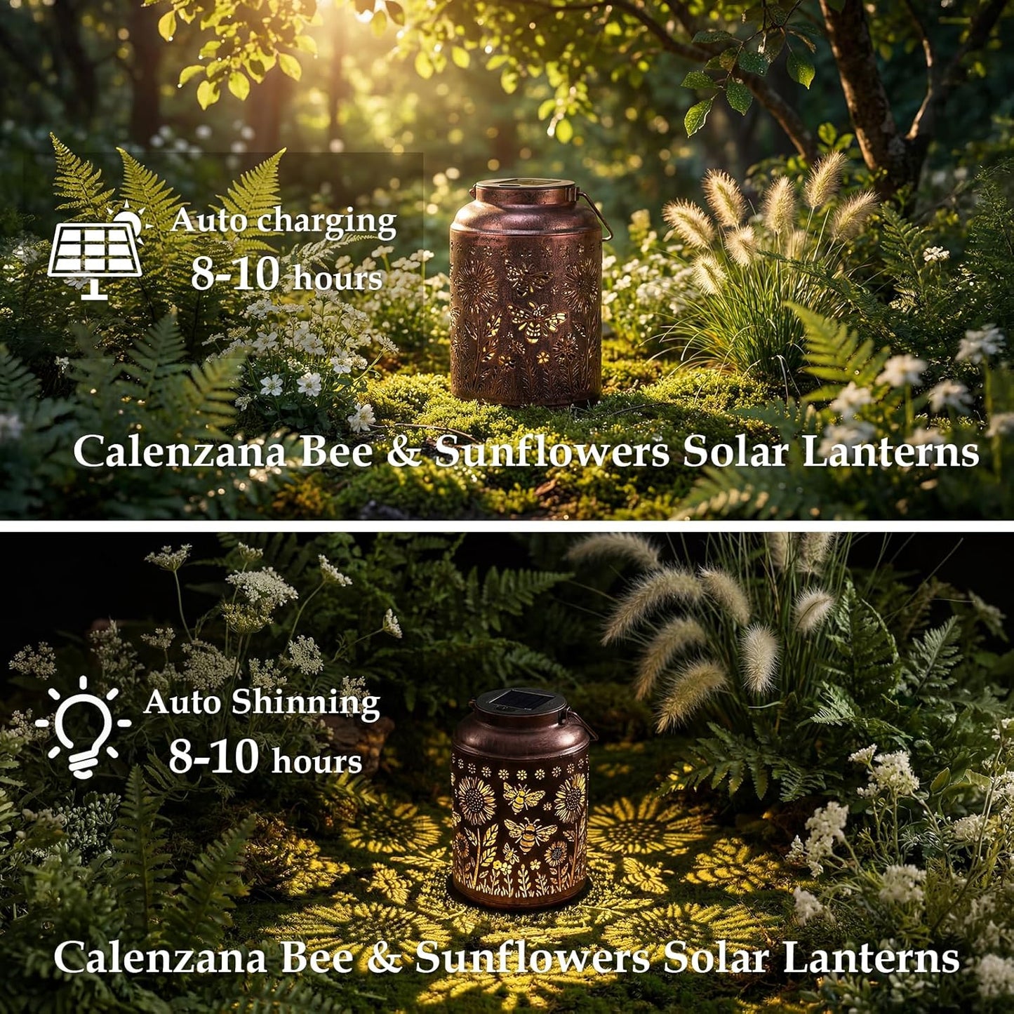 Outdoor Waterproof Solar Lanterns Bee & Sunflower Hanging Solar Garden Light, Christmas Birthday Gifts for Women Mom Grandma, Metal Solar Decoration outside for Yard, Patio, Backyard, Porch