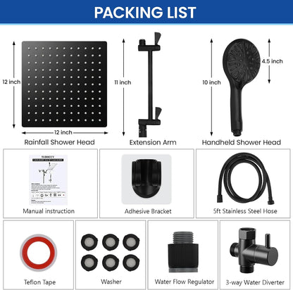 Shower Head, 12‘’ High Pressure Rainfall/Handheld Shower Combo with 11'' Extension Arm, 9 Settings, Anti-Leak Shower Head with Holder, Height/Angle Adjustable, Matte Black