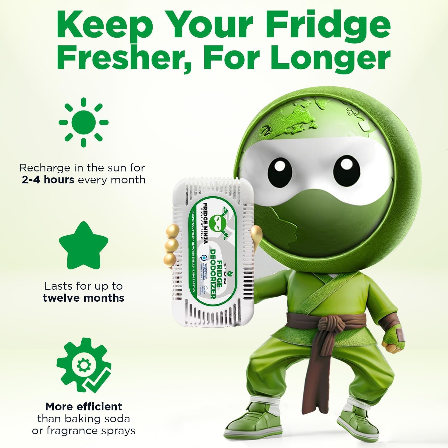 Fridge Ninja Fridge Deodorizer (2 Pack) - More Effective than Baking Soda - Natural and Unscented Activated Charcoal Refrigerator Deodorizer and Odor Eliminator for Freezers, Coolers, and Lunch Boxes