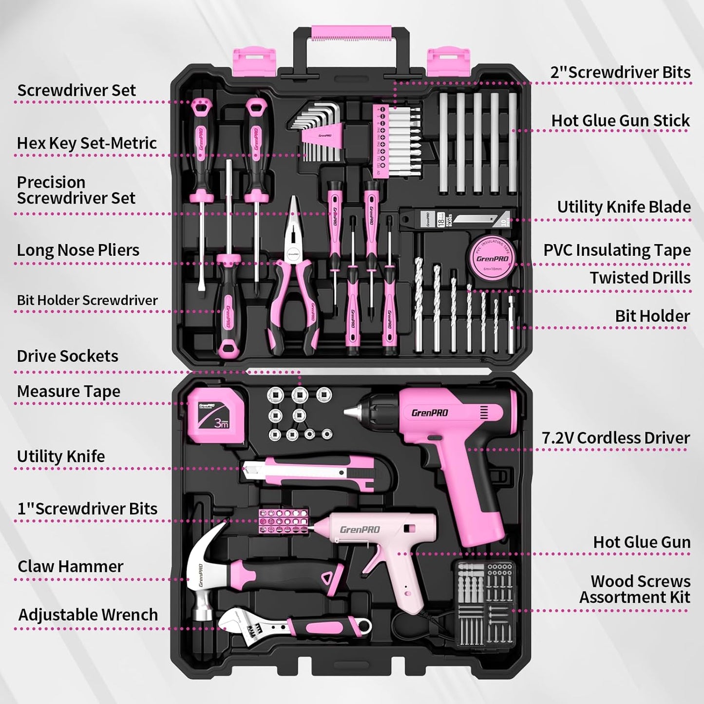Pink Tool Set Drill Set, 188PCS Tool Kit for Home with Pink Cordless Drill Power, Hand Tool Kit for Women, Basic Household Auto Car Repair Tool Box for Men, Portable Storage Box Tools Sets