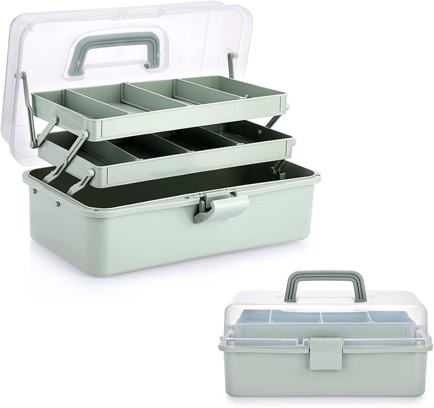 3-Layer Plastic Dividing Storage Box Craft Organizer and Storage with Adjustable Spacers Portable Handled Art Supply Organizer Multipurpose Home Utility Box for Medicine Sewing(Haze Green)