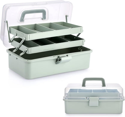 3-Layer Plastic Dividing Storage Box Craft Organizer and Storage with Adjustable Spacers Portable Handled Art Supply Organizer Multipurpose Home Utility Box for Medicine Sewing(Haze Green)