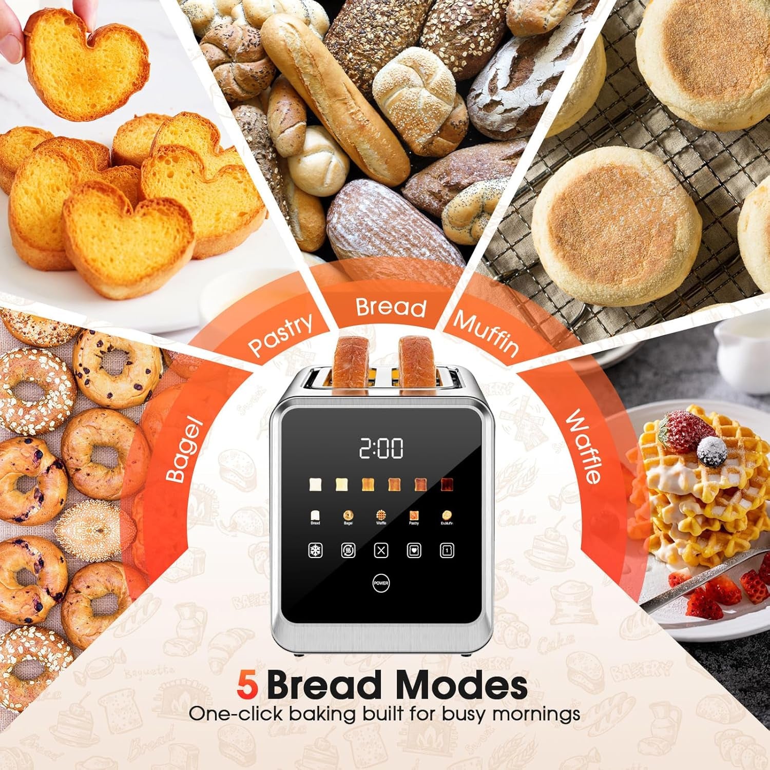 Toaster 2 Slice with Touchscreen, 1.5" Wide Slots & Memory Recall | 900W Stainless Steel Smart Digital Toasters | 6 Shade Settings for Bagels & Thick Bread | Defrost Reheat Single-Slice Mode