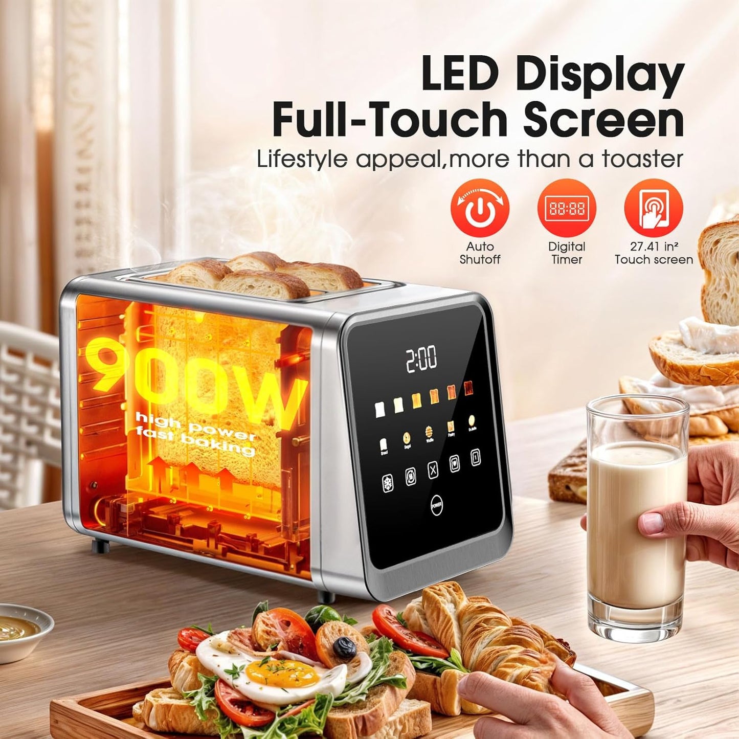 Toaster 2 Slice with Touchscreen, 1.5" Wide Slots & Memory Recall | 900W Stainless Steel Smart Digital Toasters | 6 Shade Settings for Bagels & Thick Bread | Defrost Reheat Single-Slice Mode