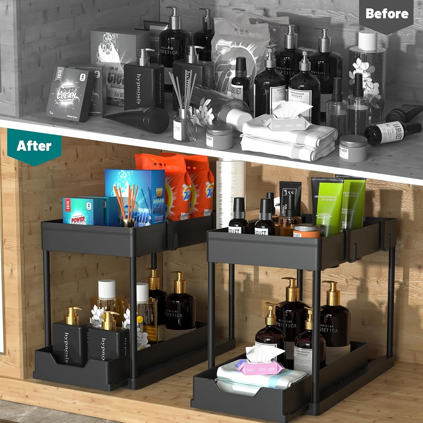 under Sink Organizer 2 Pack, Bathroom Cabinet Organizer, 2 Tier Sliding Cabinet Basket Organizer Drawer, Multi-Purpose Bath Collection Baskets for Bathroom (Black)