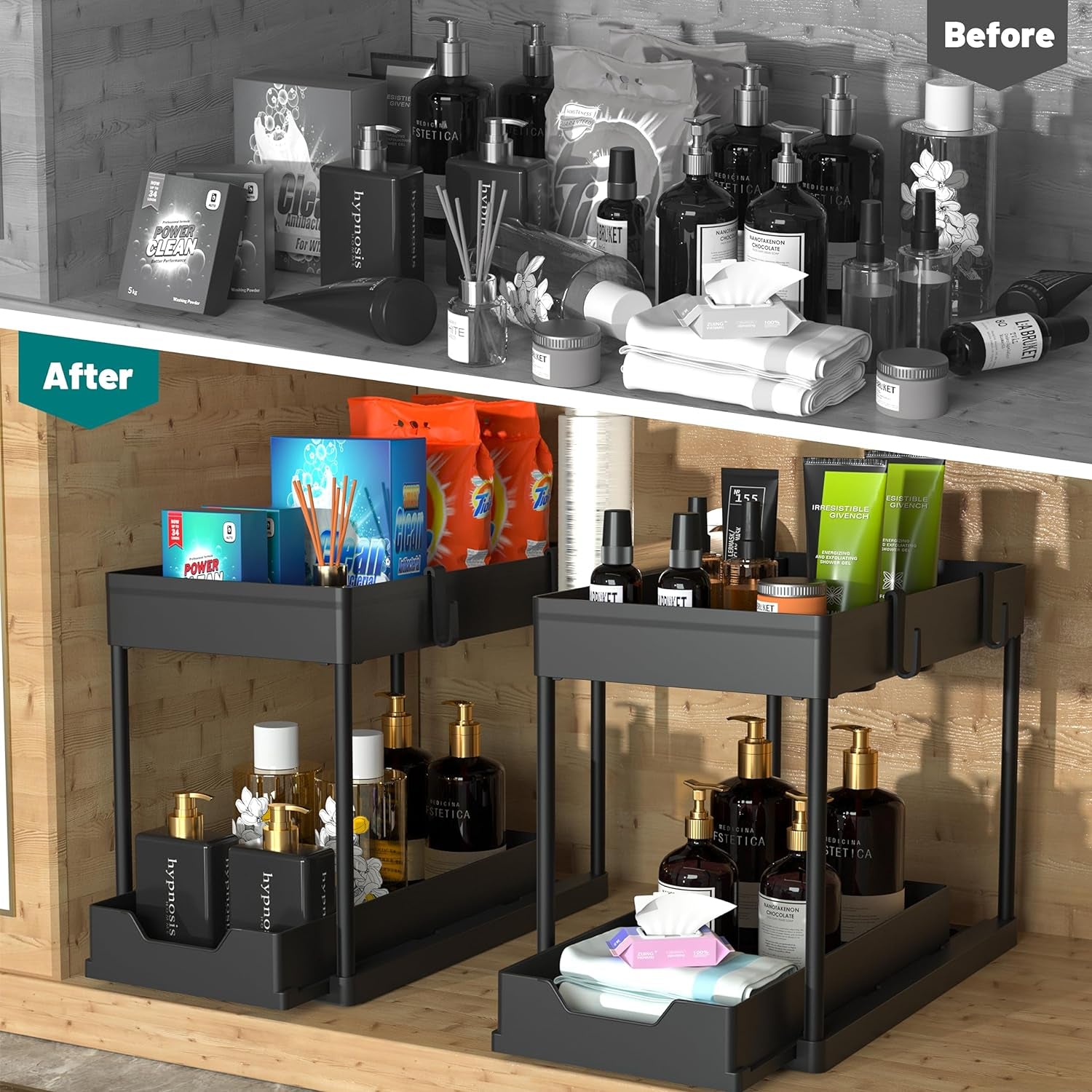 under Sink Organizer 2 Pack, Bathroom Cabinet Organizer, 2 Tier Sliding Cabinet Basket Organizer Drawer, Multi-Purpose Bath Collection Baskets for Bathroom (Black)