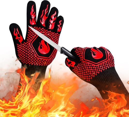 BBQ Fireproof Gloves, Grill Cut-Resistant 1472°F Heat Resistant Gloves, Non-Slip Silicone Oven Gloves, Kitchen Safe Cooking Gloves for Oven Mitts,Barbecue,Cooking, Frying,13.8 Inch-Red