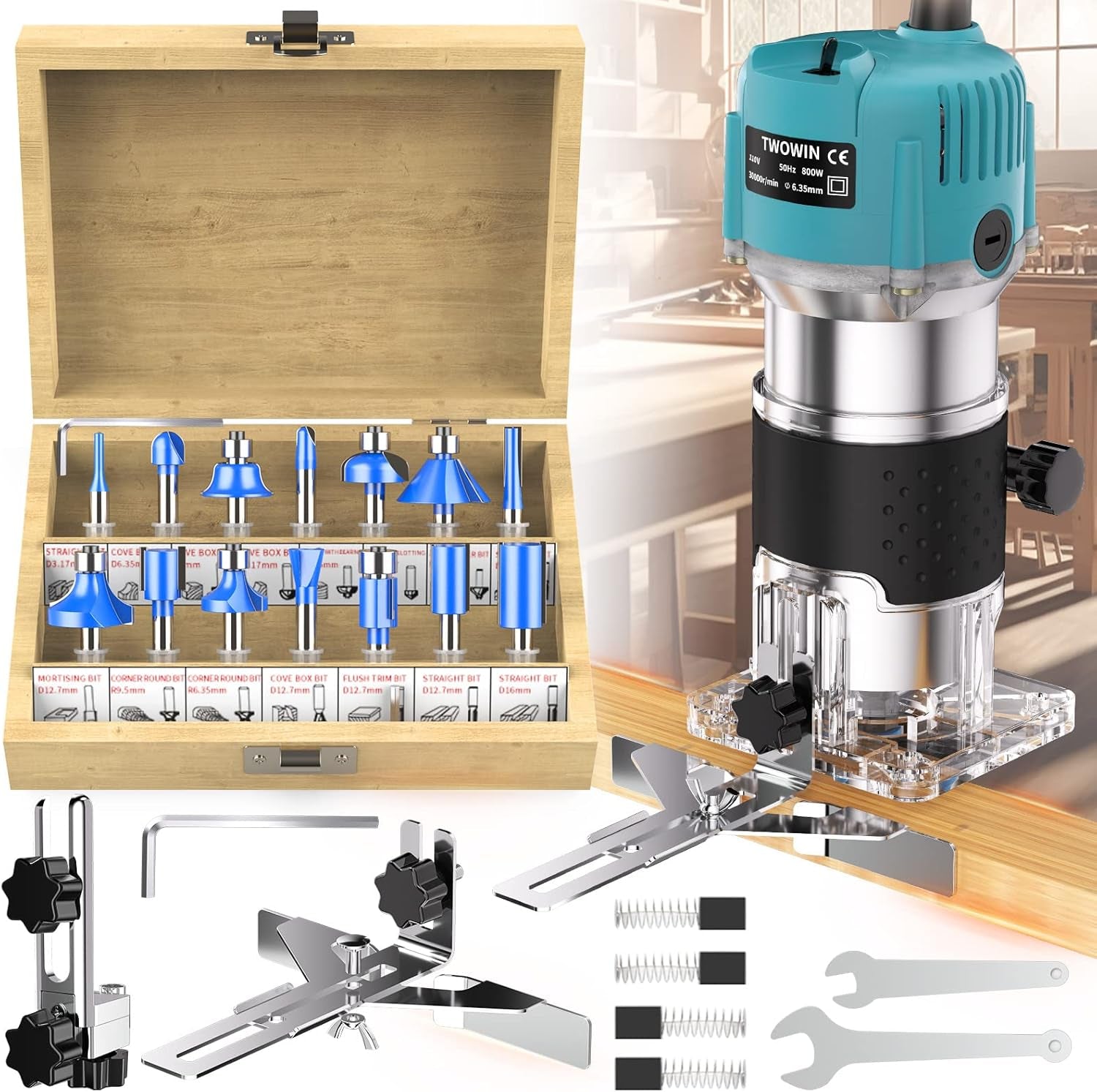 Router Tool, 110V 800W Compact Wood Router Tool for Woodworking, Electric Hand Trimmer 1/4" Collets Palm Wood Router Tools Laminate Trimmer + Tungsten Carbide Router Bits 15-Piece Set