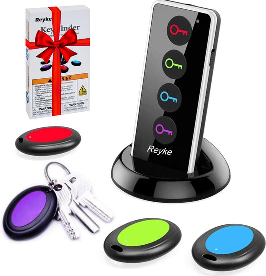Key Finder, 80Db+ RF Item Locator Tags with 131Ft. Working Range, Wireless Remote Tracker for Wallet, Phone, Glasses, Pet, 1 RF Transmitter & 4 Receivers