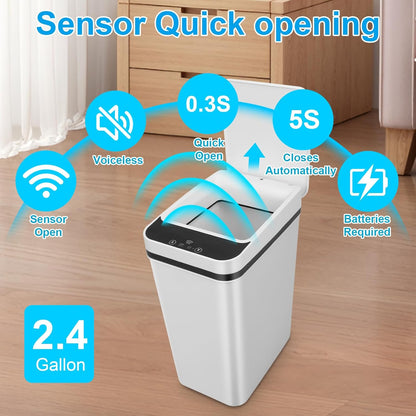 2 Pack Bathroom Trash Can,Smart Touchless Trash Can,Automatic Motion Sensor Trash Bin with Lid,2.4 Gallon Garbage Can, Kitchen, Bathroom, Office, Bedroom Trash Can (White+White)