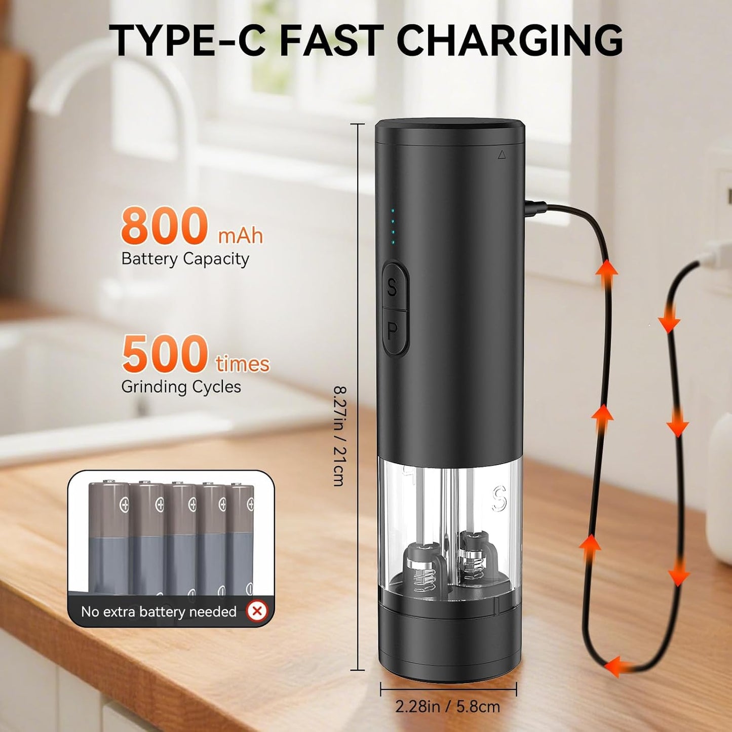 2 in 1 Electric Salt and Pepper Grinder Set, USB Rechargeable, Automatic Salt and Pepper Mill Shakers with Battery Display, LED Light, Adjustable Coarseness Ideal for Kitchen Gift(Black)