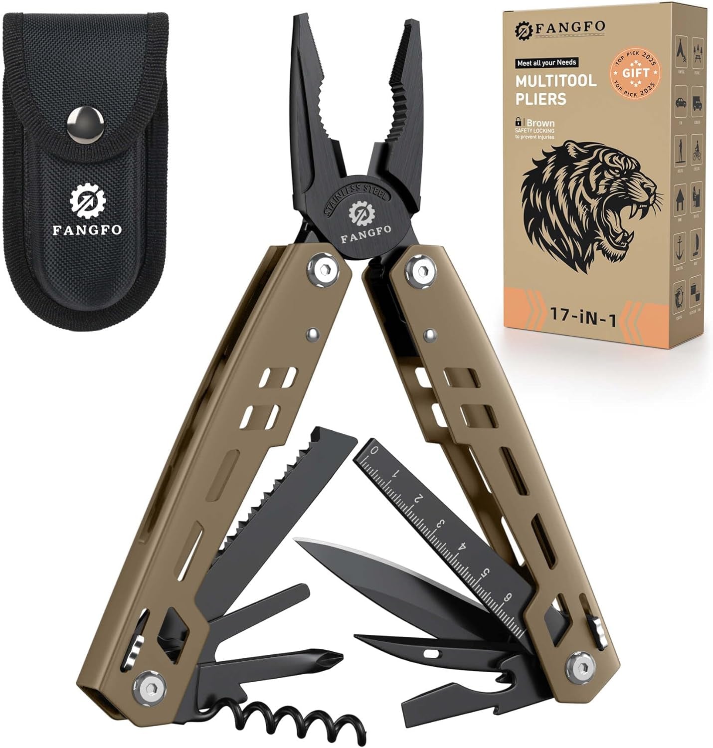 Multitool 17-In-1 Stainless Steel Multi Tool with Pocket Knife Needle Nose Pliers Bottle Opener Screwdriver Self-Locking Professional Multi-Tool for Outdoor Survival Gifts for Men(Brown)