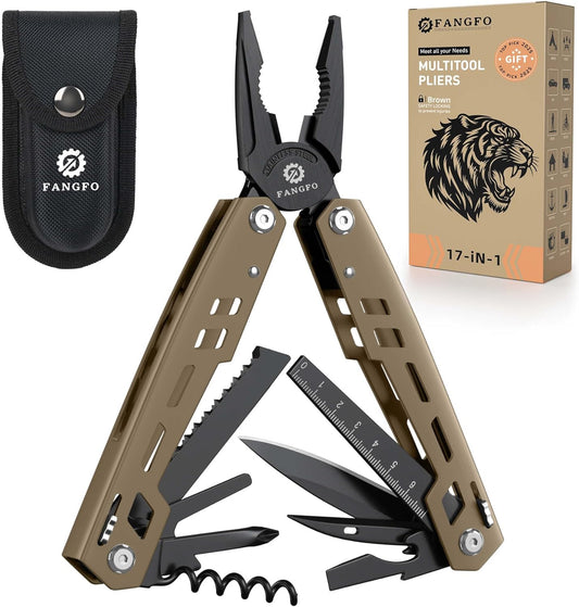 Multitool 17-In-1 Stainless Steel Multi Tool with Pocket Knife Needle Nose Pliers Bottle Opener Screwdriver Self-Locking Professional Multi-Tool for Outdoor Survival Gifts for Men(Brown)