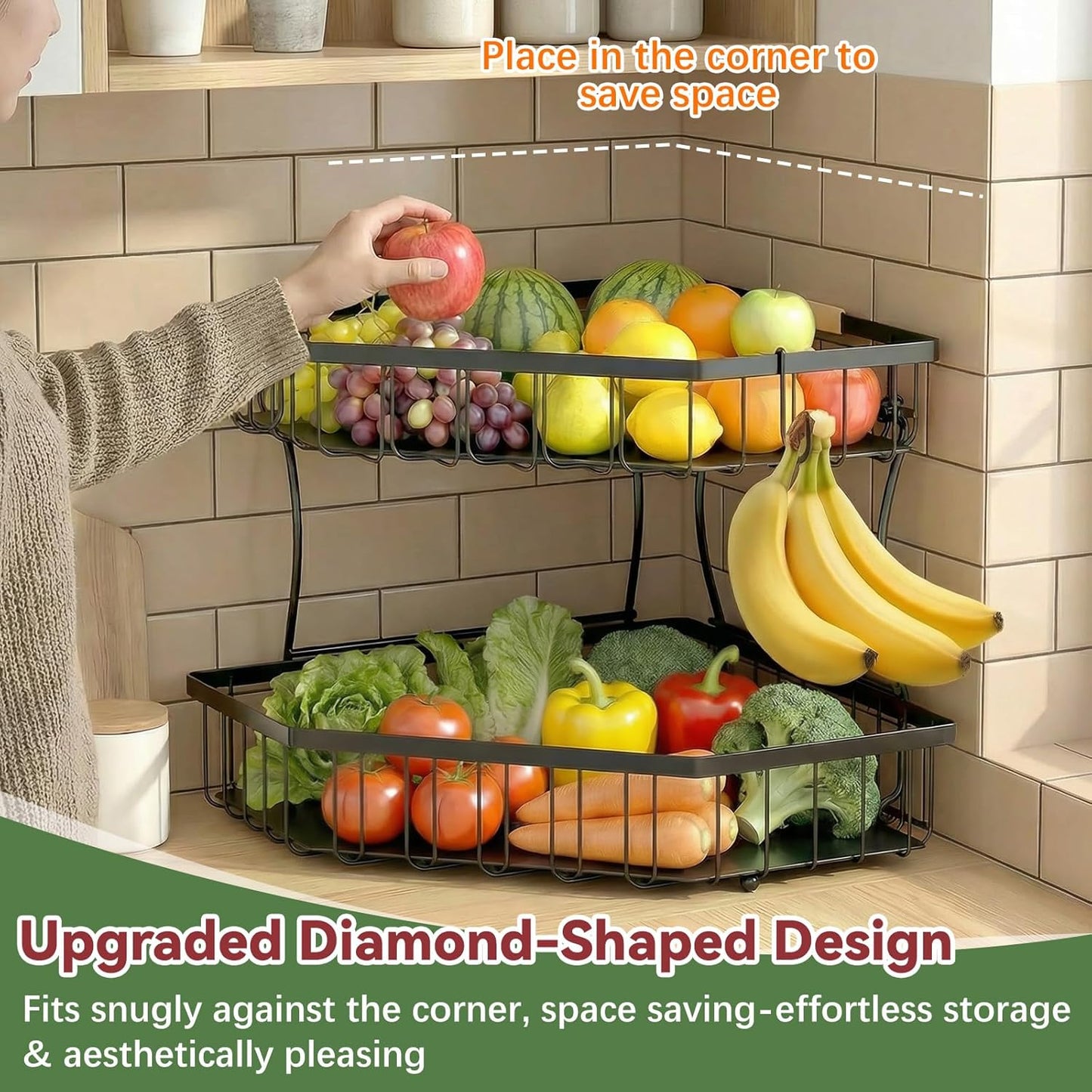 2 Tier Fruit Basket for Kitchen Counter - Detachable Metal Fruit Bowl with 2 Banana Hangers for Corner , Large Capacity Fruit Stand with Wooden Handle for Bread Fruit and Vegetable Storage