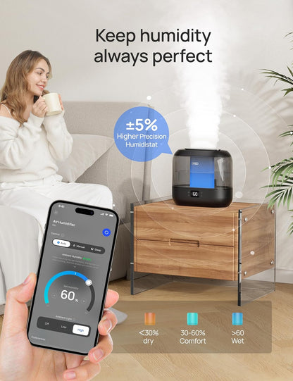 Smart Humidifiers for Bedroom, Top Fill 4L Supersized Humidifier Large Room with 28 Db, 36H Runtime, Touch/App/Voice Control, Nightlight, Cool Mist Humidifiers for Baby, Plants, Indoor, Black