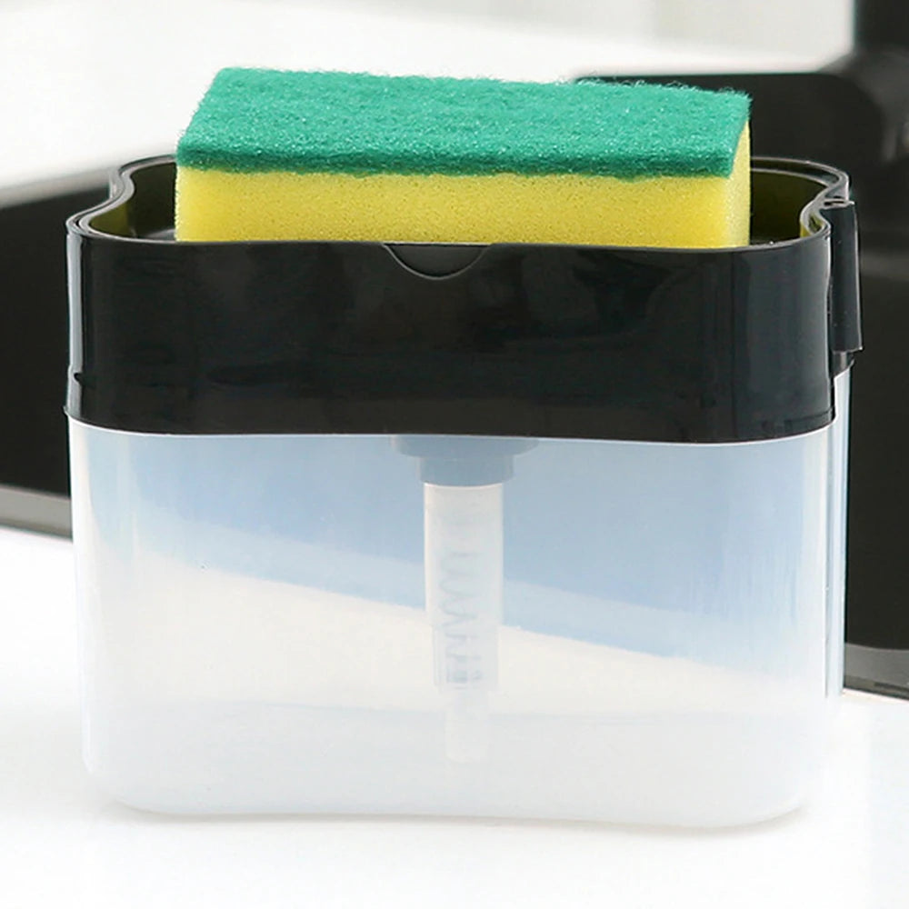 1 for Household Kitchen 2 in 1 Pressing Soap Liquid Box, Easy to Replenish, Durable, for Sponge, Dish Cloth, Pot Brush, Black