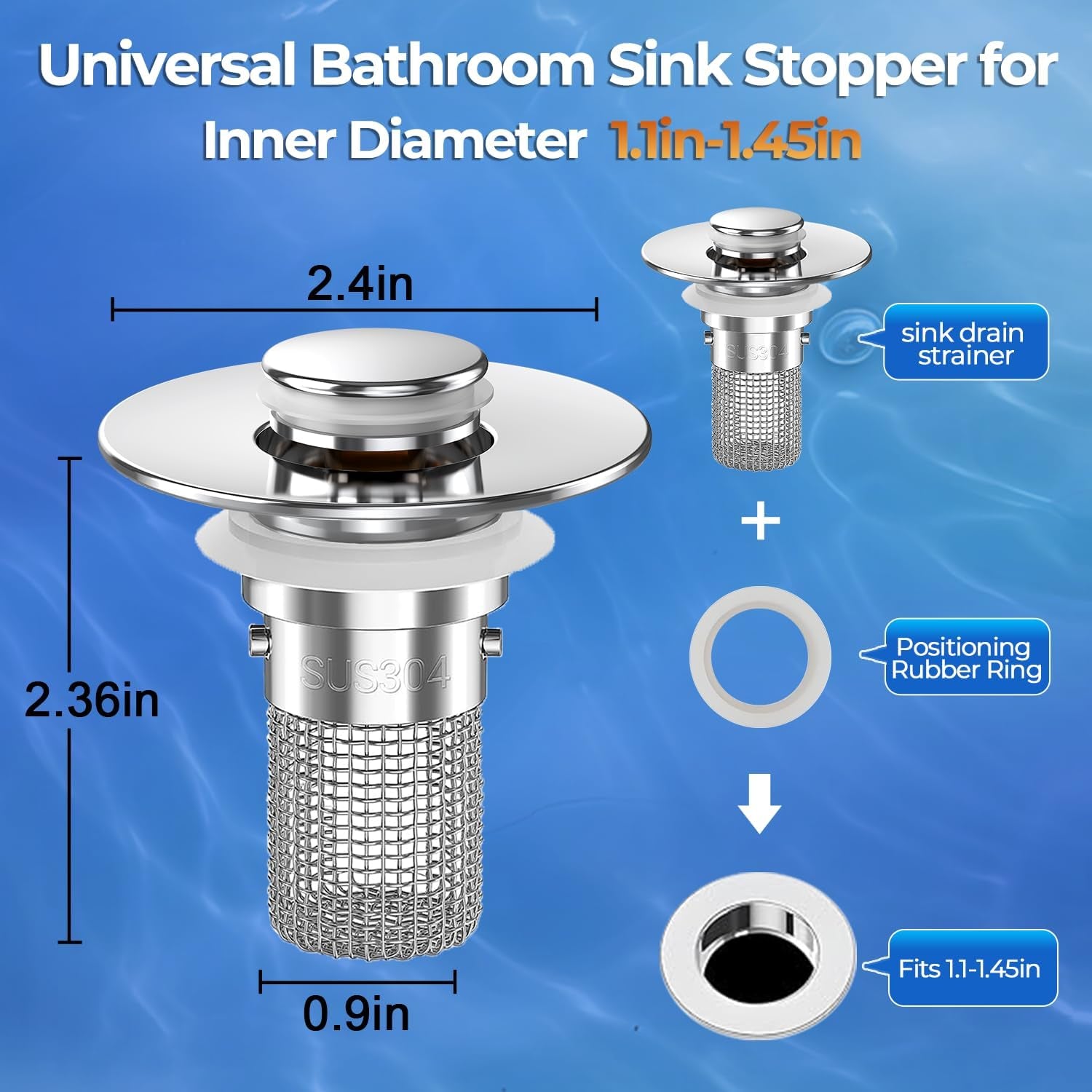 Sink Stopper Hair Catcher,(2Pcs) Pop-Up Sink Drain Strainer with Removable Stainless Steel Strainer Basket Hair Catcher, Bathroom Sink Strainer for Bathroom Sink Stopper Replacement