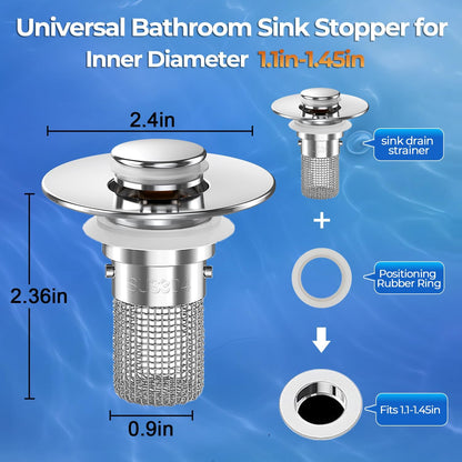 Sink Stopper Hair Catcher,(2Pcs) Pop-Up Sink Drain Strainer with Removable Stainless Steel Strainer Basket Hair Catcher, Bathroom Sink Strainer for Bathroom Sink Stopper Replacement