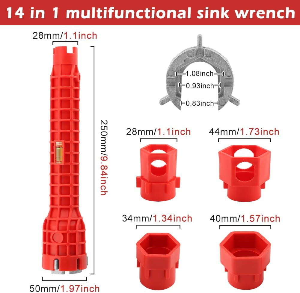 14-In-1 Multi-Functional Wrench Faucet Sink Installer Tool for Toilets and Kitchens - Red Plumbers Wrench