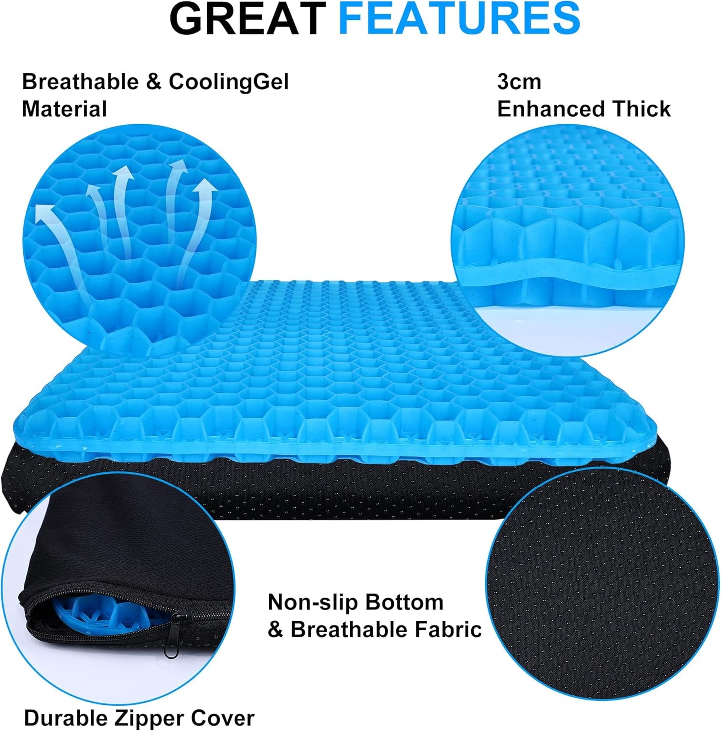 Gel Seat Cushion, Double Thick Egg Gel Cushion for Pressure Pain Relief, Breathable Wheelchair Cushion Chair Pads for Car Seat Office Chair Blue