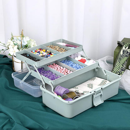 3-Layer Plastic Dividing Storage Box Craft Organizer and Storage with Adjustable Spacers Portable Handled Art Supply Organizer Multipurpose Home Utility Box for Medicine Sewing(Haze Green)