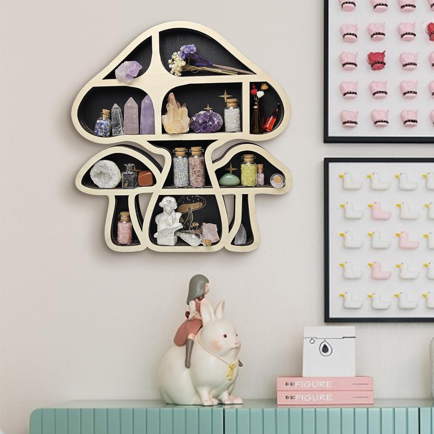 Wooden Mushroom Floating Shelves, Crystal Display Shelf for Wall, Cute Mushroom Wall Decor, Rock Gem Stone Storage Organizer, Essential Oil Holder Hanging Case, Meditation Art Spiritual Gift