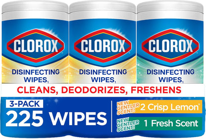 Disinfecting Cleaning Wipes for Spring Cleaning & Allergy Season, Bleach Free, Fresh Scent and Crisp Lemon, 75 Count Each, Pack of 3