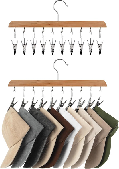 Hat Rack, Closet Organizer and Storage for Baseball Caps,Set of 2 with 10 Adjustable Stainless Steel Clips, Fits All Caps, Natural Wood Color
