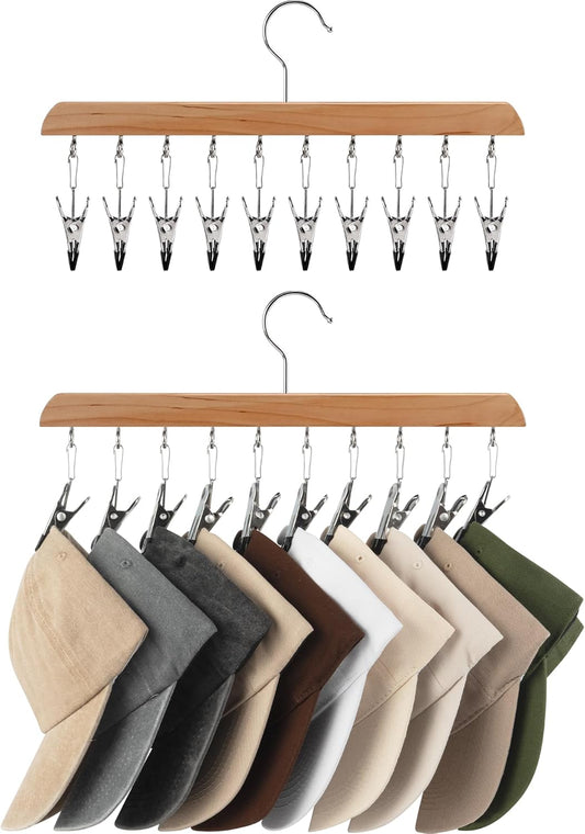 Hat Rack, Closet Organizer and Storage for Baseball Caps,Set of 2 with 10 Adjustable Stainless Steel Clips, Fits All Caps, Natural Wood Color