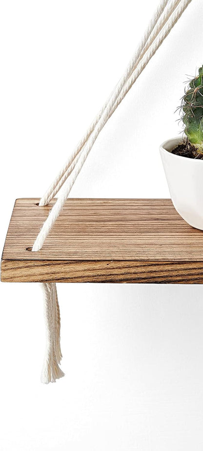 Macrame Hanging Shelves Boho Wall Decor Set of 2 Rustic Wood Floating Storage Shelf for Bedroom Bathroom Living Room Nursery Dorm Room, Display Shelving for Hanging Plants Photos