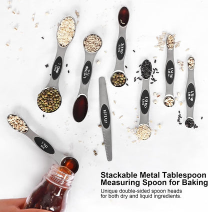 Magnetic Measuring Spoons Set Stainless Steel with Leveler-9Pcs Stackable Metal Tablespoon Measure Spoon for Baking-Measuring Cups and Spoon Set Kitchen Gadgets Apartment Essentials Fits in Spice Jars