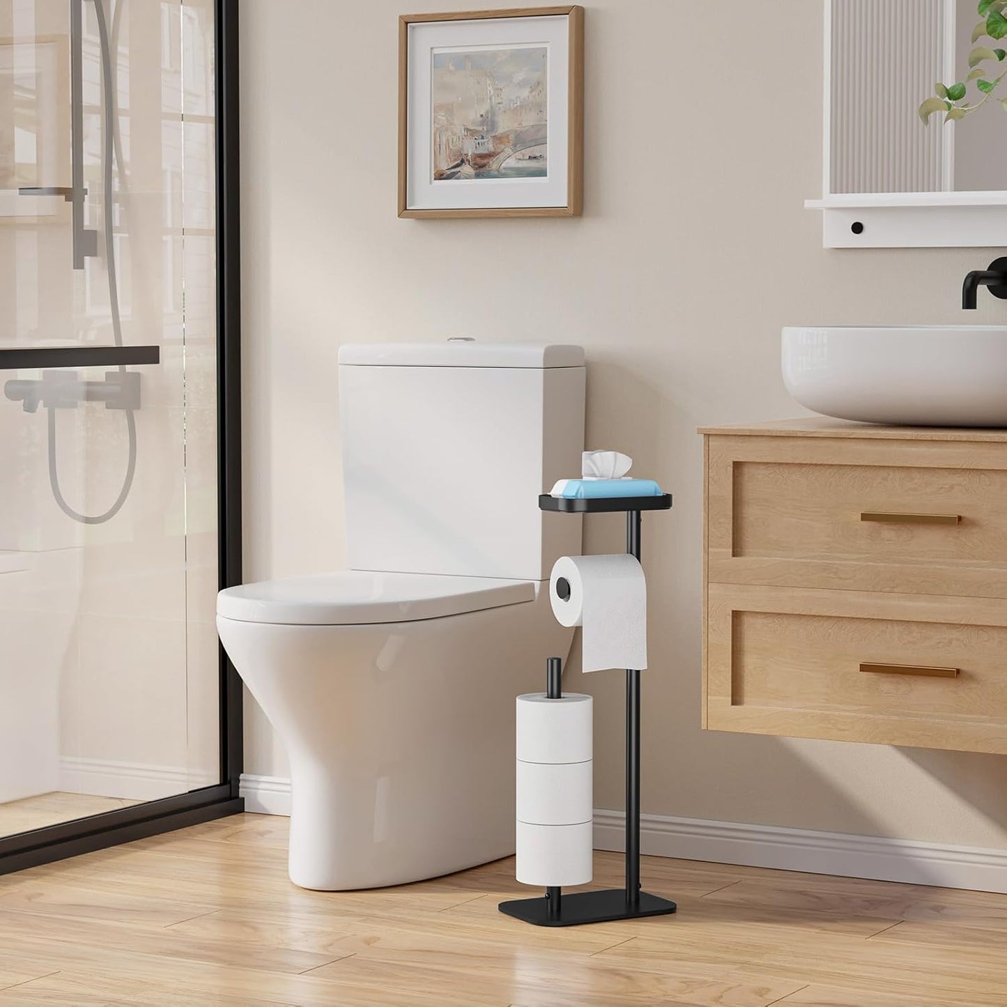 Toilet Paper Holder Free Standing – Rustproof Metal Toilet Paper Stand for 4 Rolls with Anti-Slip Base and Shelf for Phone & Small Items, Bathroom Organizers and Storage, Medium, Black