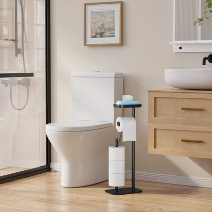 Toilet Paper Holder Free Standing – Rustproof Metal Toilet Paper Stand for 4 Rolls with Anti-Slip Base and Shelf for Phone & Small Items, Bathroom Organizers and Storage, Medium, Black
