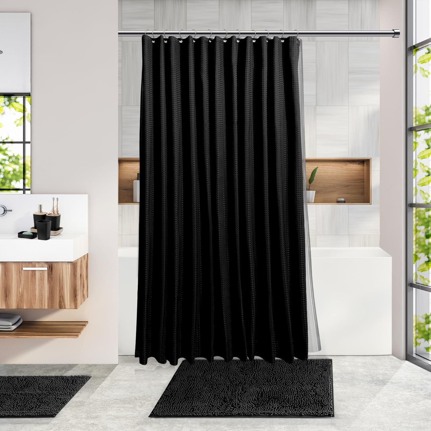 Bathroom Accessories Set - Bathroom Set, Bathroom Accessory Set, Shower Curtain Set, Toilet Brush, Trash Can & Soap Dispenser - Black - 20PC