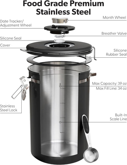 Large Coffee Canister with Window, Kitchen Food Storage Airtight Stainless Steel Container for 2.2Lbs Coffee Beans, Grounds, Rice,Tea, Flour, Cereal, Sugar Jars,Date Tracker and Scoop 39Oz,Black