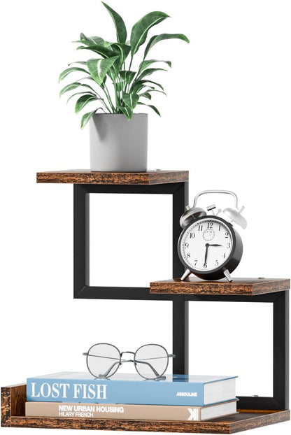 Office Decor Desk Shelf Organizer - Wood Desktop Shelf, Freestanding Desk Hutch, 3 Tier Storage Display Rack, Small Bookshelf with Metal Frame for Books/Plants/Toys (Rustic Brown Black)