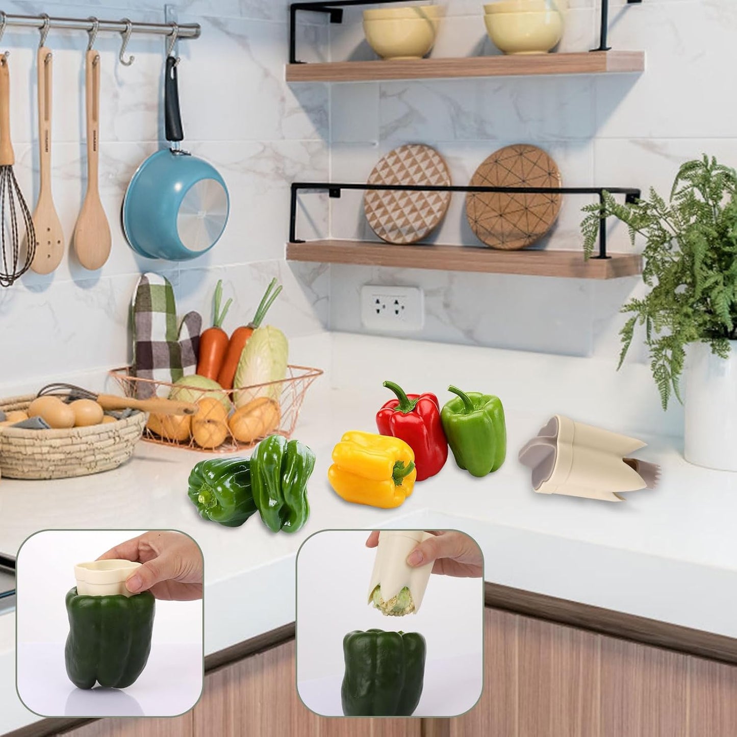 2Pcs Pepper Deseeder, 2 in 1 Fruit & Pepper Corer, Set for Vegetables, Kitchen Gadget, Home & Camping (Off-White)