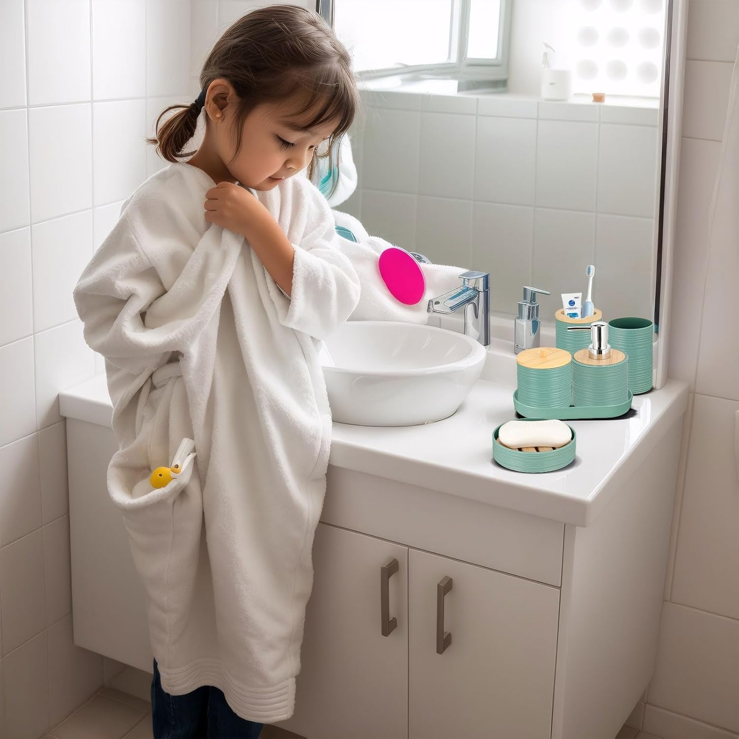 Bathroom Accessories Set 11Pcs,Complete Bathroom Organizer with Trash Can,Soap Dispenser,Toothbrush Holder,Toilet Brush & Qtip Holders,Modern Plastic Bathroom Decor for Home & Apartment (Blue)
