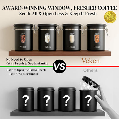 Large Coffee Canister with Window, Kitchen Food Storage Airtight Stainless Steel Container for 2.2Lbs Coffee Beans, Grounds, Rice,Tea, Flour, Cereal, Sugar Jars,Date Tracker and Scoop 39Oz,Black