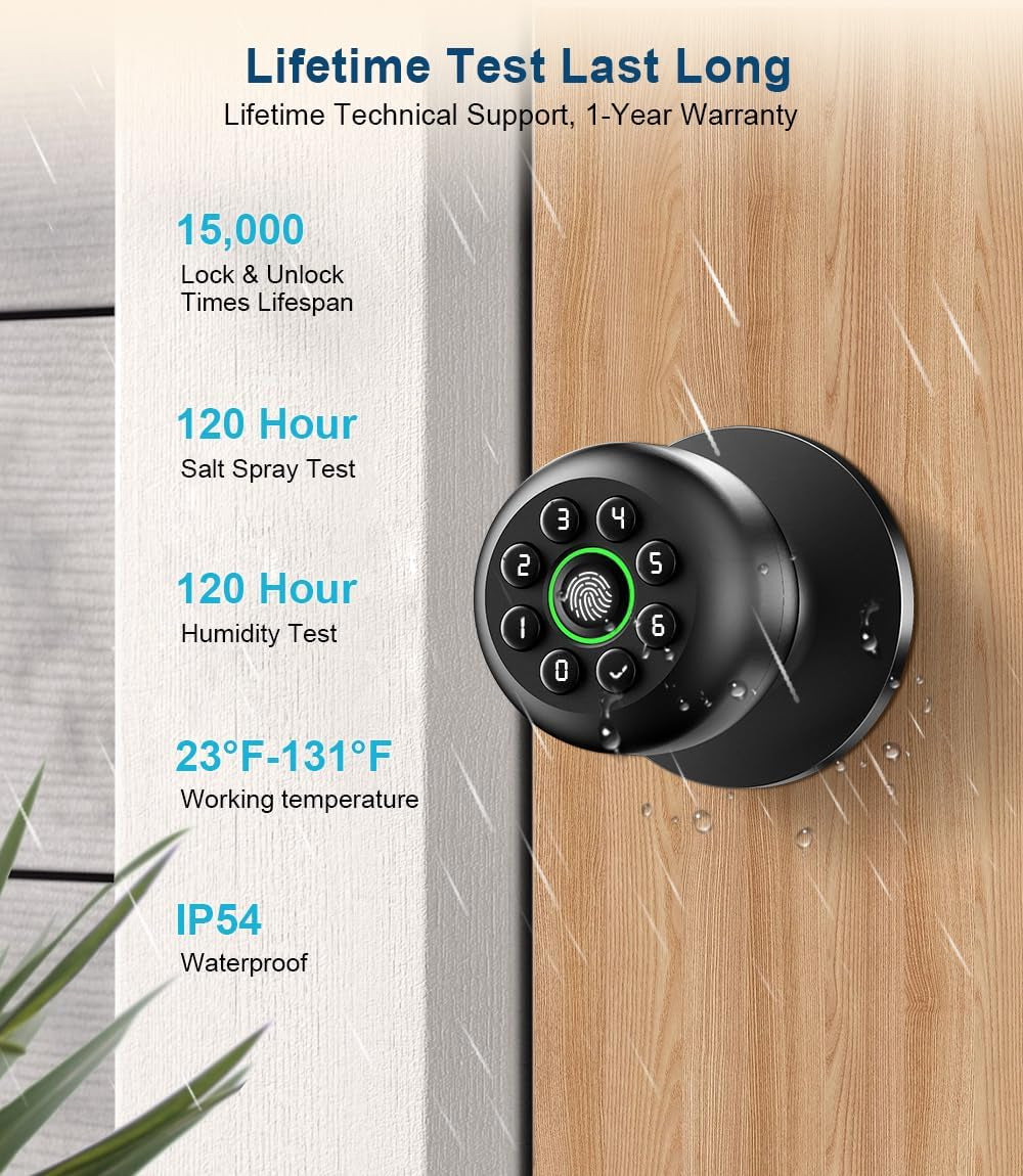Fingerprint Door Lock, Smart Fingerprint Door Knob with Keypad, Biometric Door Lock with App Control, Auto Lock Door Lock with Code, Keyless Door Knob with Lock for Bedroom, Home,Office-Matte Black