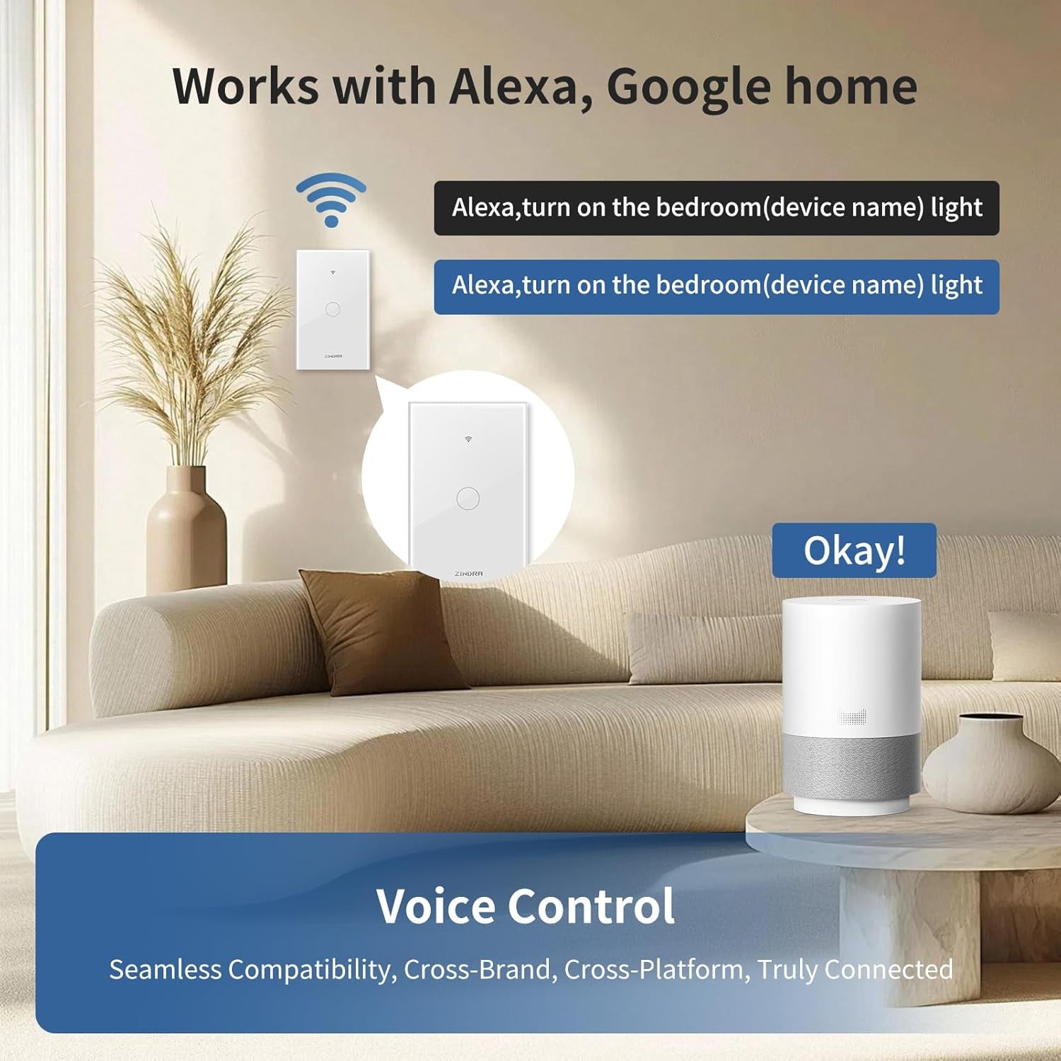 Smart Matter Light Switch, 2.4G Wifi Touch Wall Switch (Neutral Wire Required), Single-Pole Smart Switch Works with Apple Home, Alexa, Google Home & Smartthings, Tempered Glass Panel, White