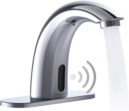 Automatic Motion Sensor Hands Free Electronic Infrared Smart Commercial Touchless Bathroom Sink Faucet with Cover Plate Temperature Mixer Battery or Plug-In Powered Chrome