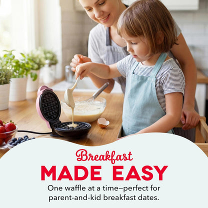 Mini Waffle Maker- Compact Electric Iron for Creative Homemade Treats - PTFE Nonstick Surface - Easy-To-Clean - Perfect for Kids & Families - Pink